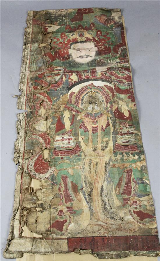 Three Chinese or Korean fragmentary temple paintings/thangkas of immortals, 17th/18th century, the largest 157.5cm x 64cm